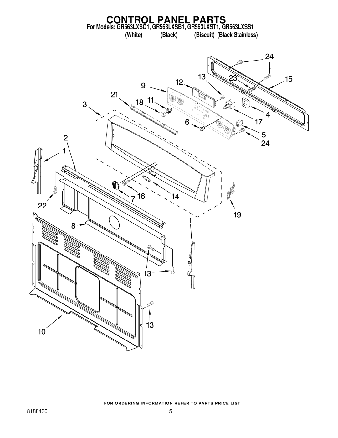 Whirlpool GR563LXST1, GR563LXSB1, GR563LXSS1, GR563LXSQ1 installation instructions Control Panel Parts 