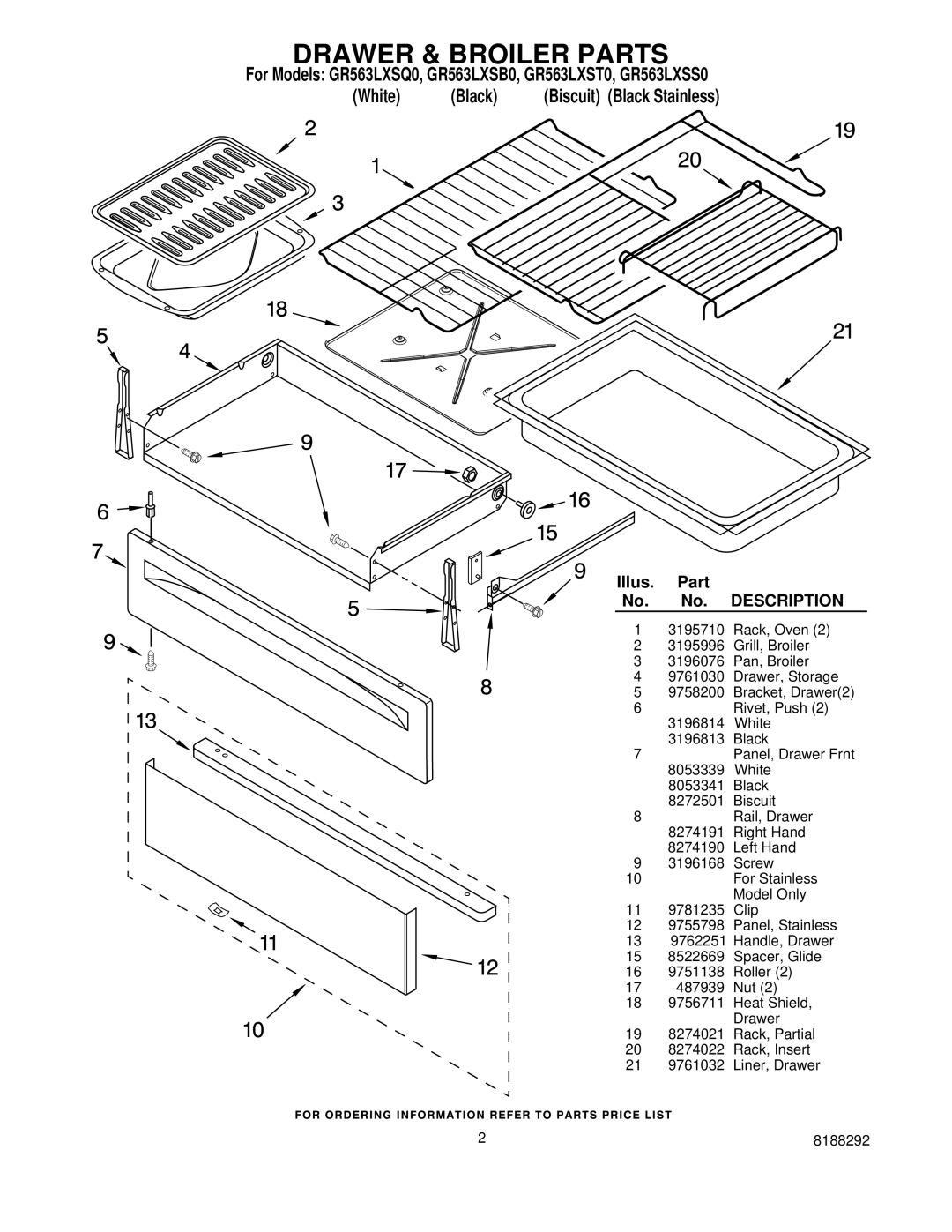 Whirlpool GR563LXST0, GR563LXSQ0, GR563LXSS0 installation instructions Drawer & Broiler Parts 