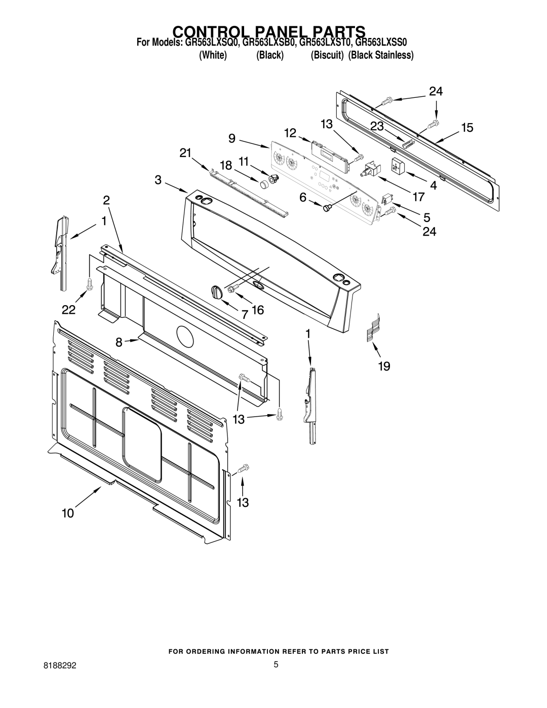 Whirlpool GR563LXST0, GR563LXSQ0, GR563LXSS0 installation instructions Control Panel Parts 