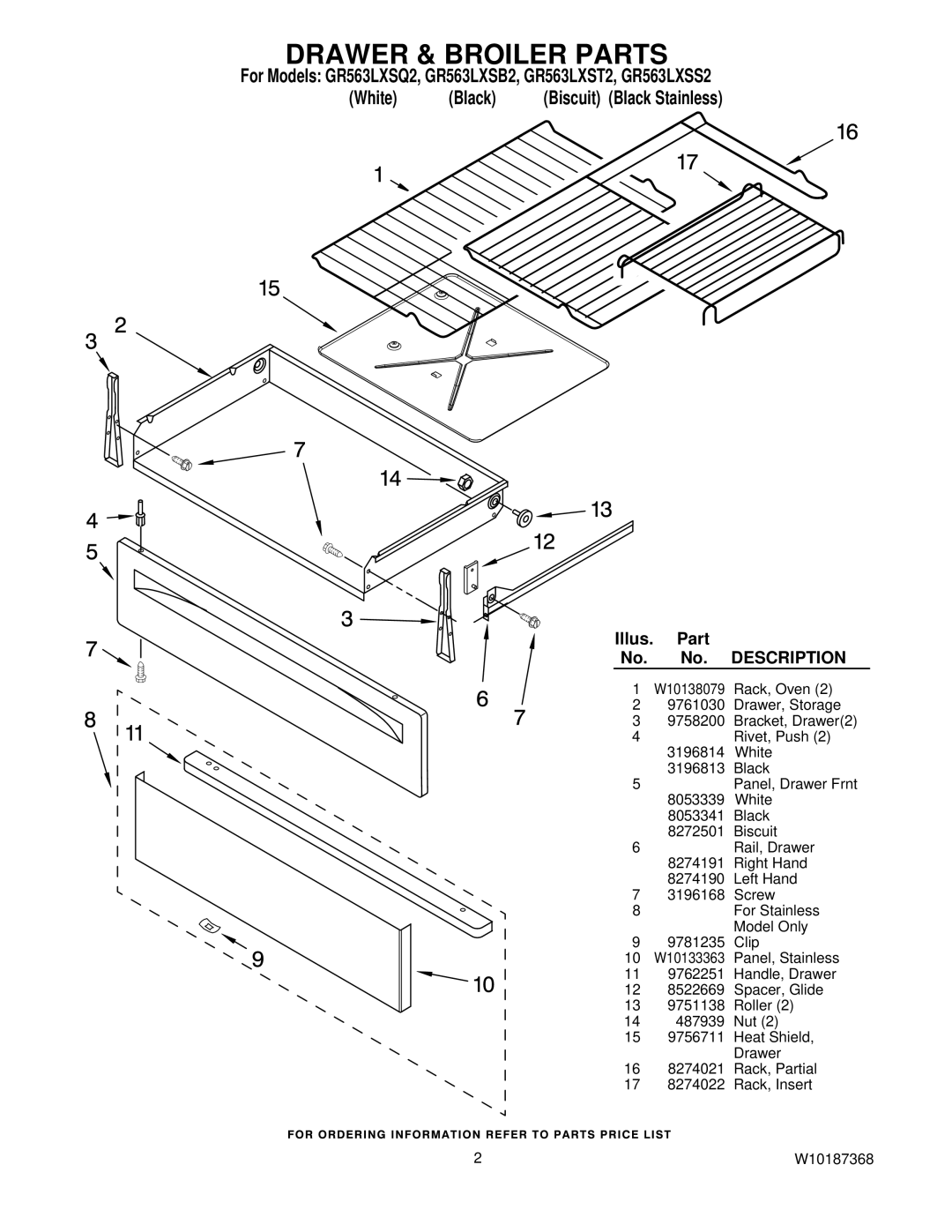 Whirlpool GR563LXSS2, GR563LXSQ2, GR563LXST2, GR563LXSB2 installation instructions Drawer & Broiler Parts, Description 