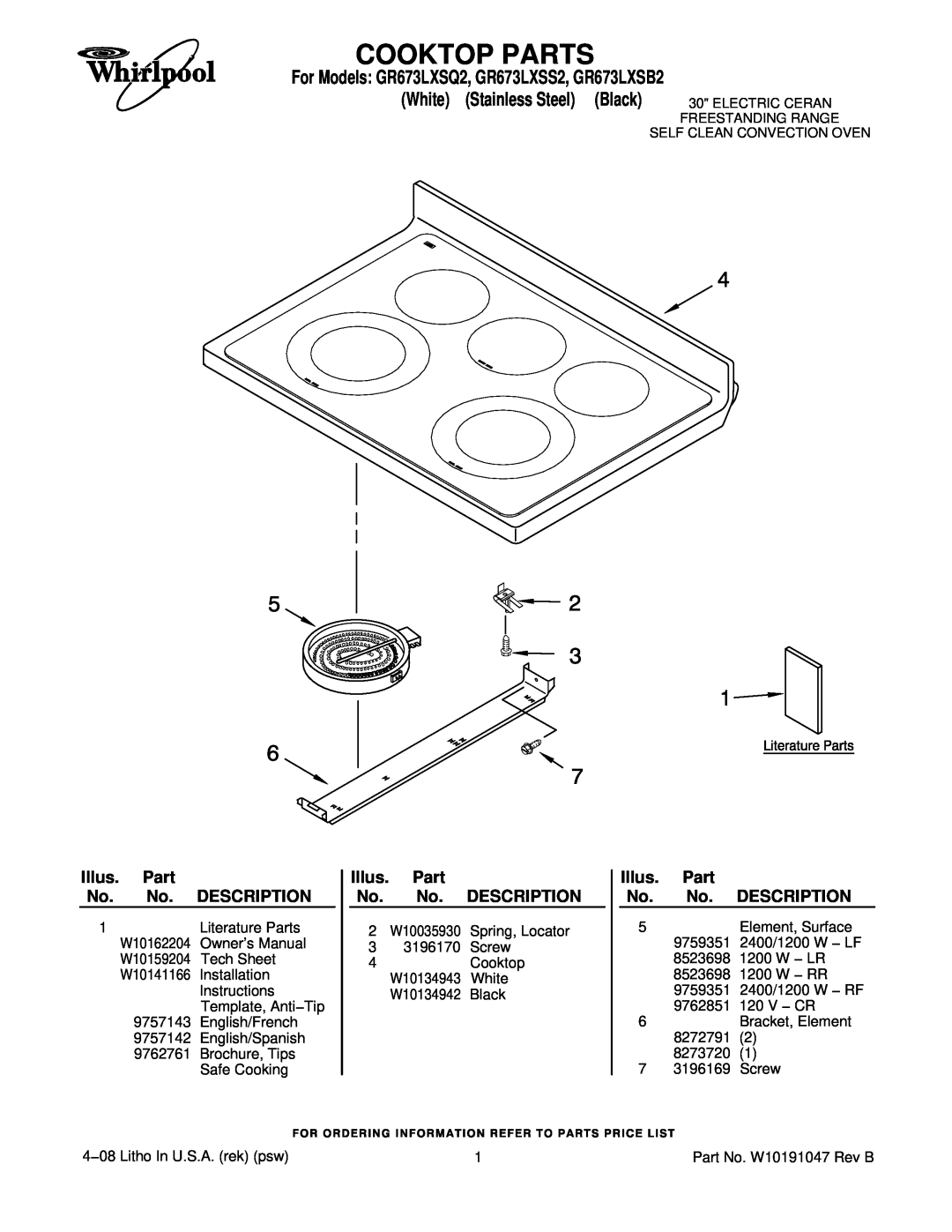 Whirlpool owner manual Cooktop Parts, For Models GR673LXSQ2, GR673LXSS2, GR673LXSB2, White Stainless Steel Black 