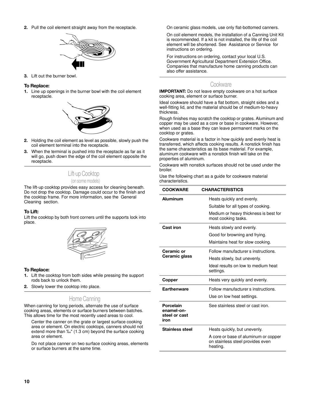 Whirlpool GR773LXS manual Lift-up Cooktop, Home Canning, Cookware, To Replace, To Lift 