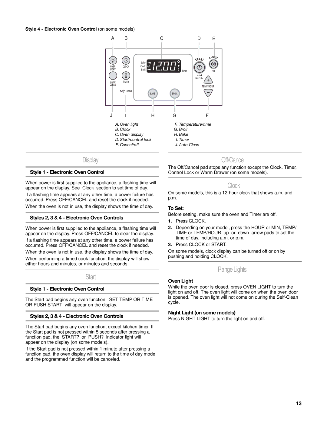 Whirlpool GR773LXS manual Display, Start, Off/Cancel, Clock, Range Lights 