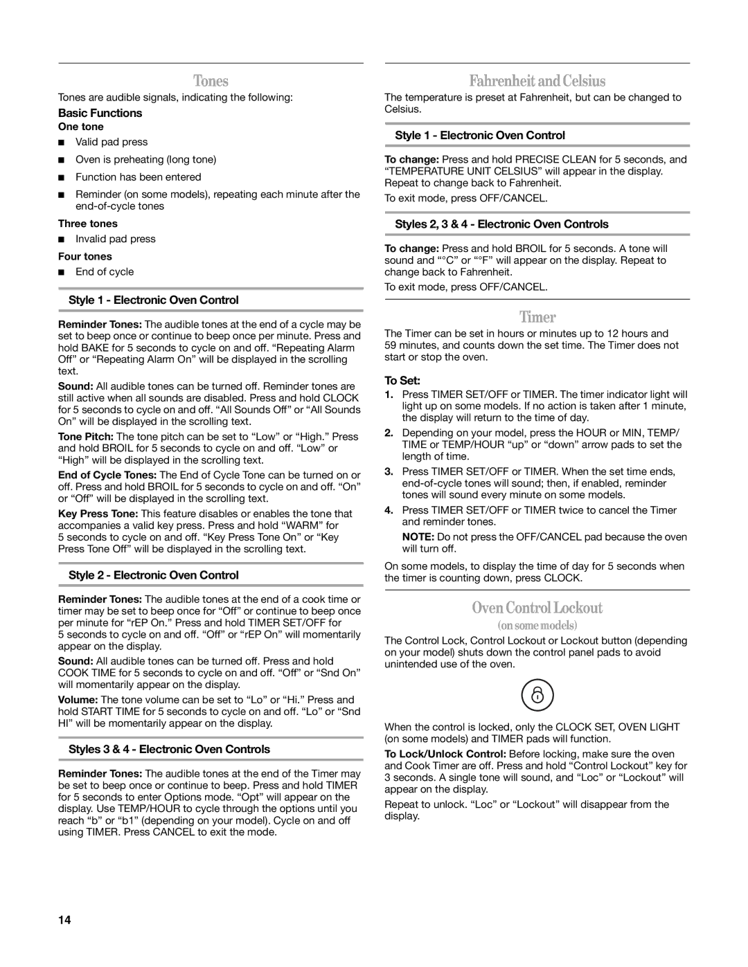 Whirlpool GR773LXS manual Tones, Fahrenheit and Celsius, Timer, Oven Control Lockout 