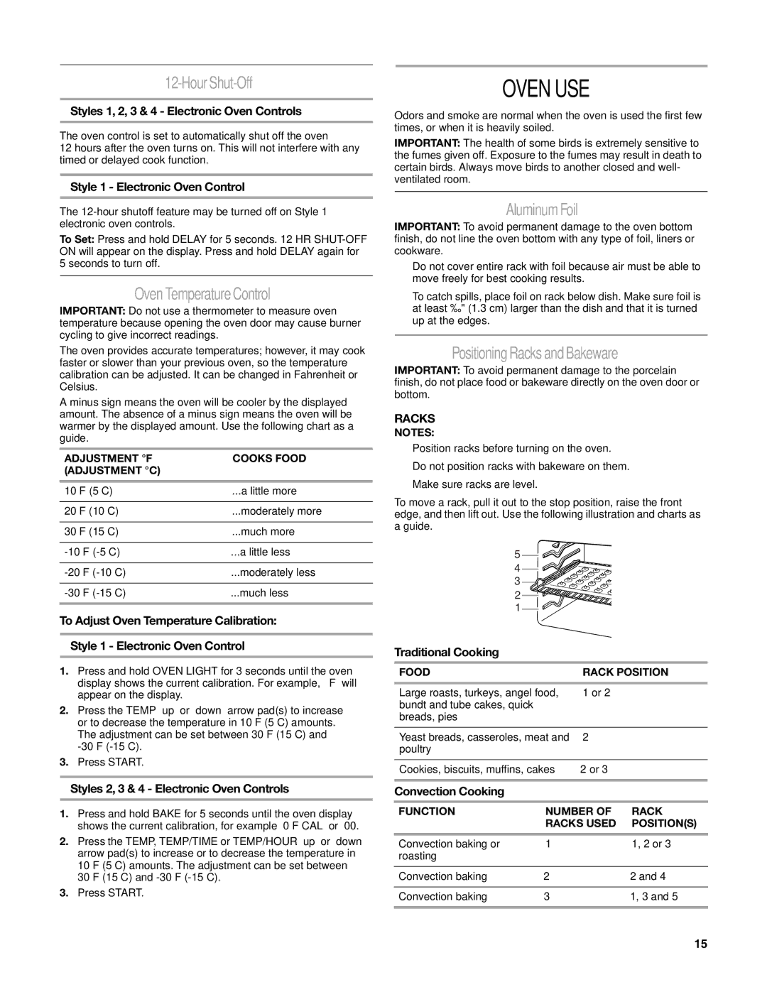 Whirlpool GR773LXS manual Oven USE, Hour Shut-Off, Oven Temperature Control, Aluminum Foil, Positioning Racks and Bakeware 