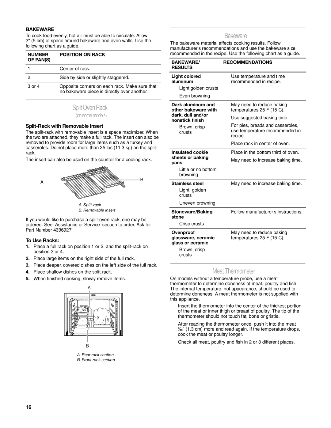 Whirlpool GR773LXS manual Split Oven Rack, Bakeware, Meat Thermometer 