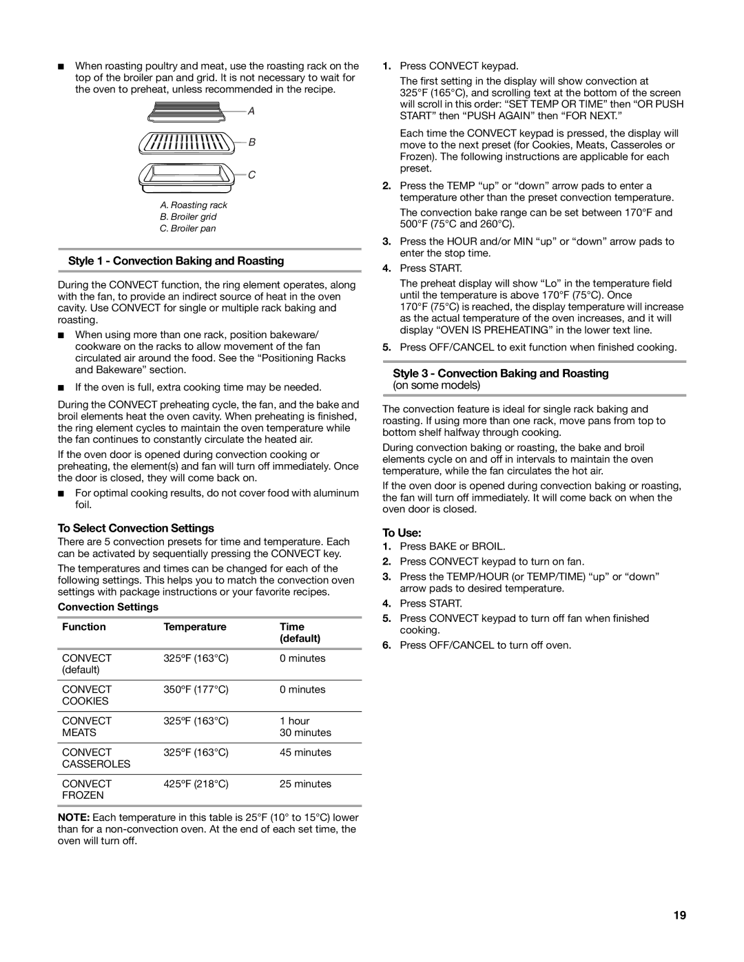 Whirlpool GR773LXS manual Style 1 Convection Baking and Roasting, To Select Convection Settings 