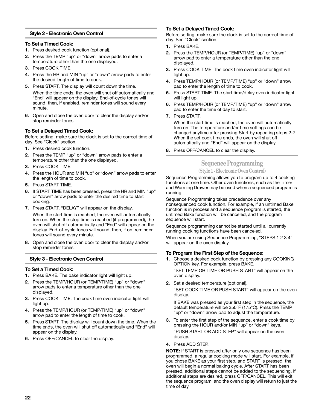 Whirlpool GR773LXS manual Sequence Programming, Style 2 Electronic Oven Control To Set a Timed Cook 