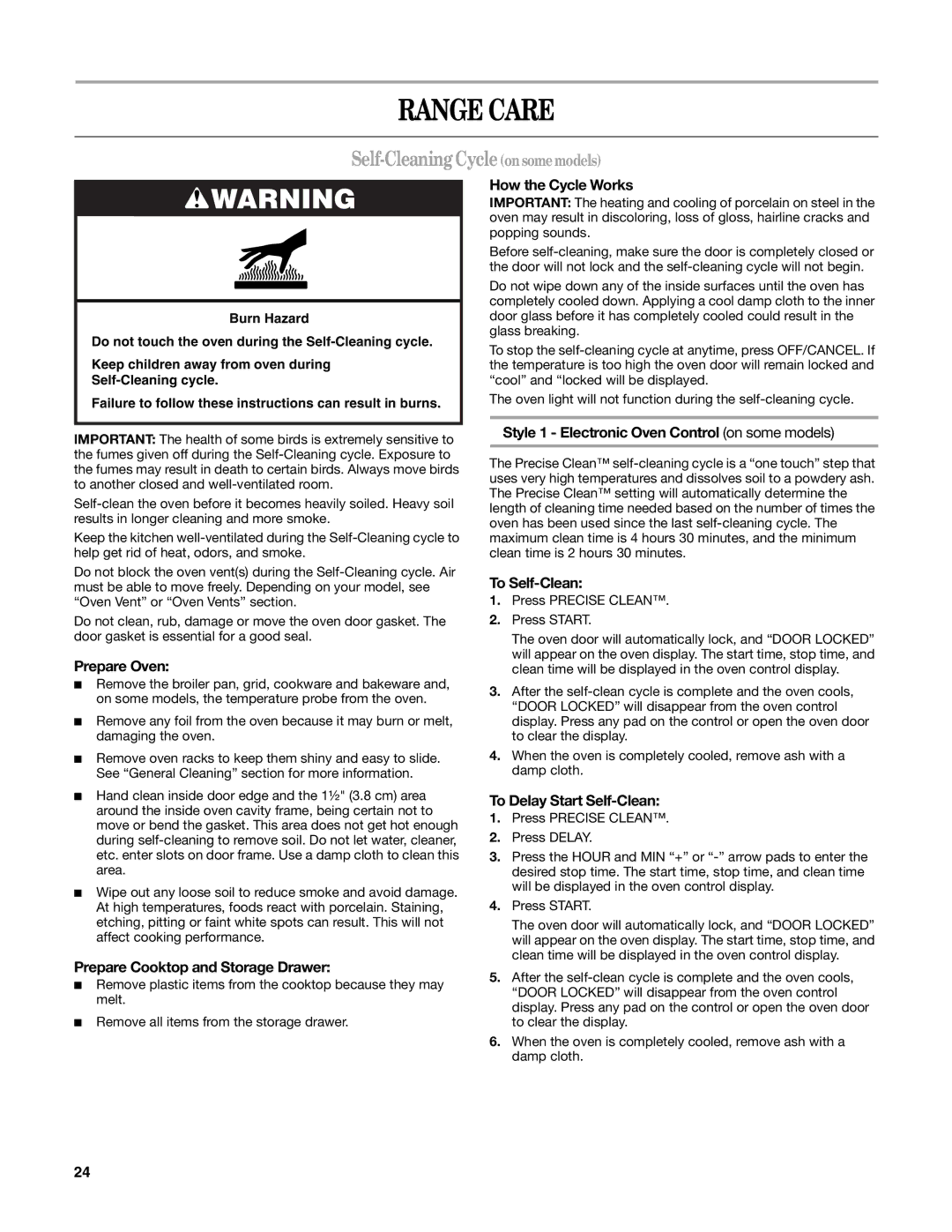 Whirlpool GR773LXS manual Range Care, Self-Cleaning Cycle on some models 