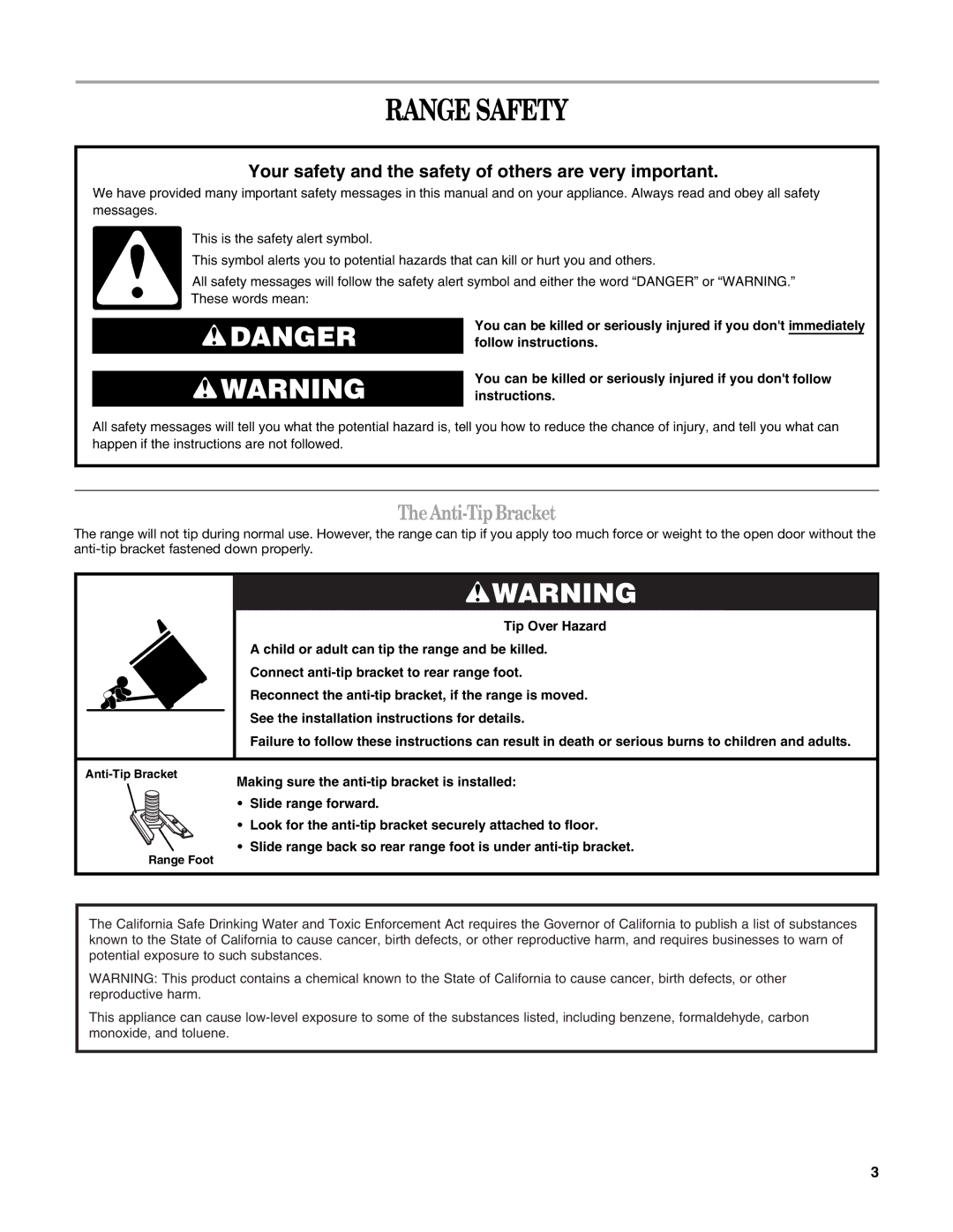 Whirlpool GR773LXS manual Range Safety, Anti-Tip Bracket 