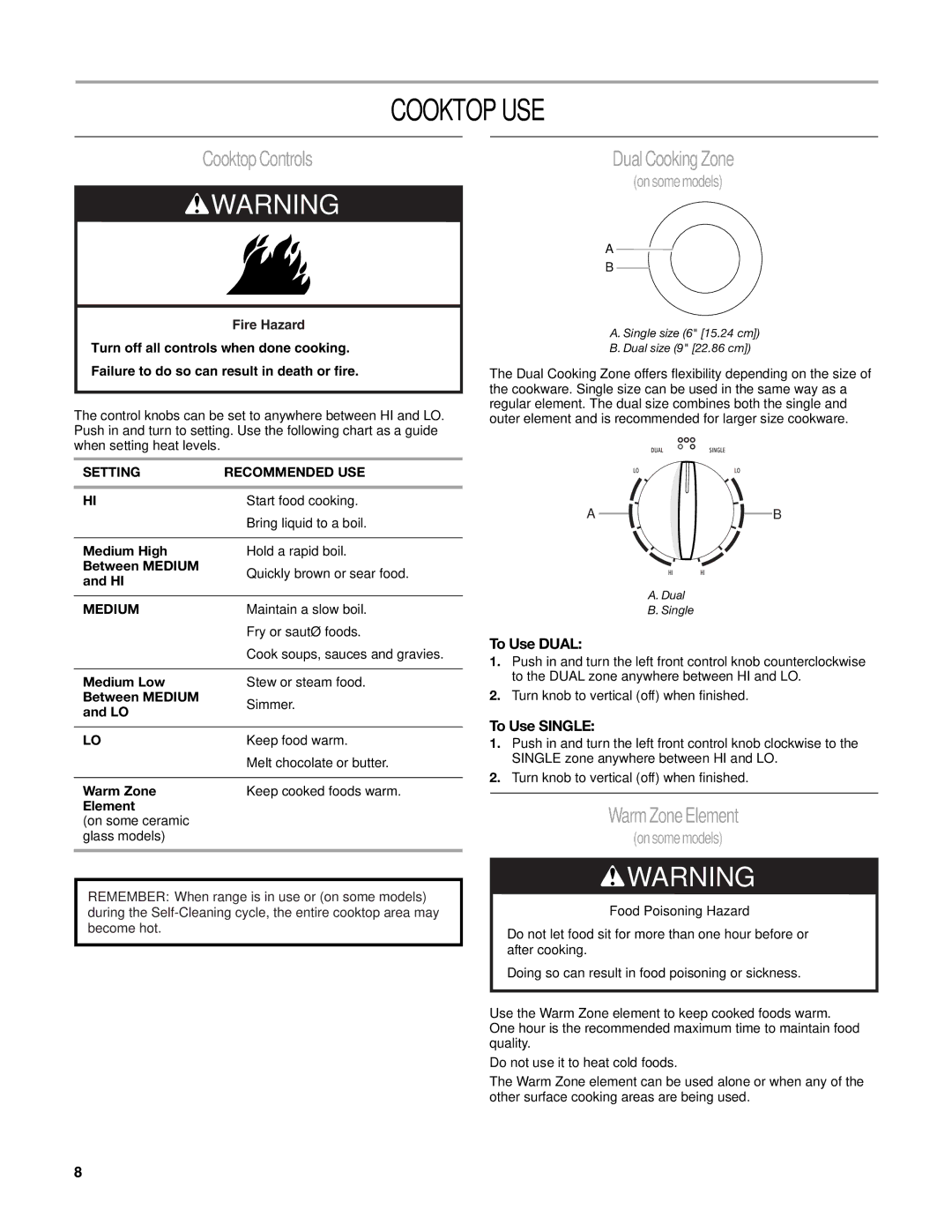 Whirlpool GR773LXS manual Cooktop USE, Cooktop Controls, Dual Cooking Zone, Warm Zone Element 