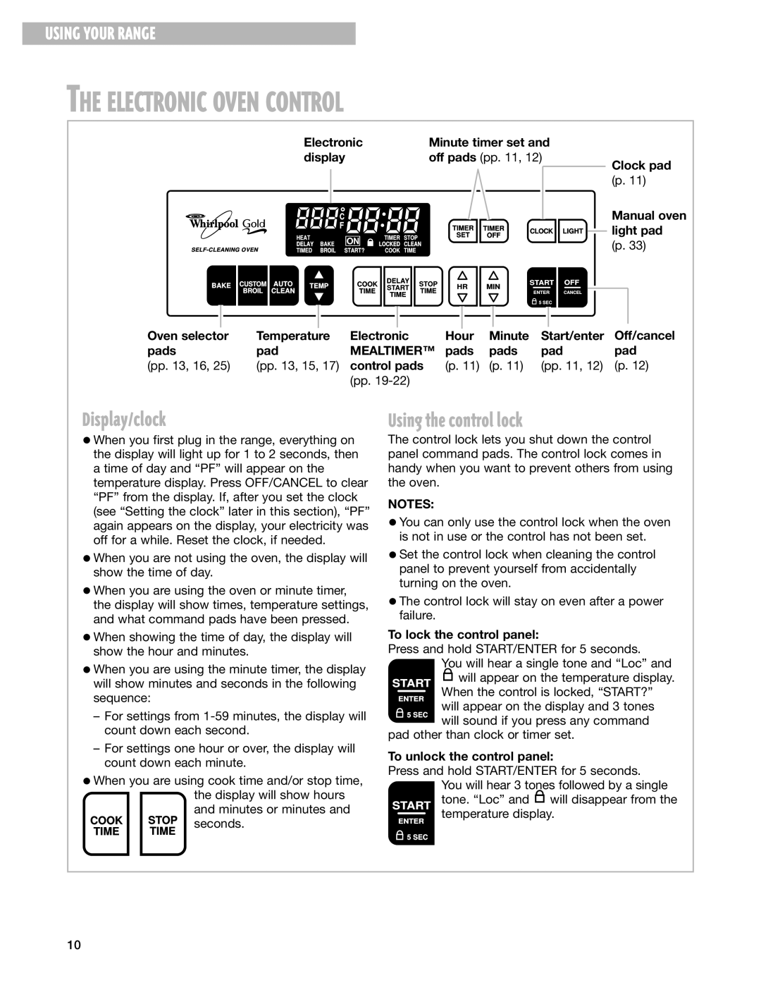 Whirlpool GS395LEG warranty Electronic Oven Control, Display/clock, Using the control lock, Mealtimer 