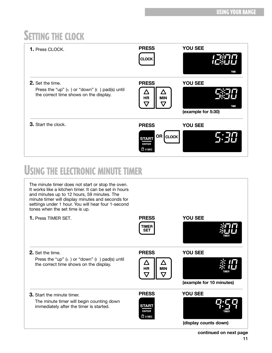 Whirlpool GS395LEG warranty Setting the Clock, Using the Electronic Minute Timer, Example for 10 minutes 