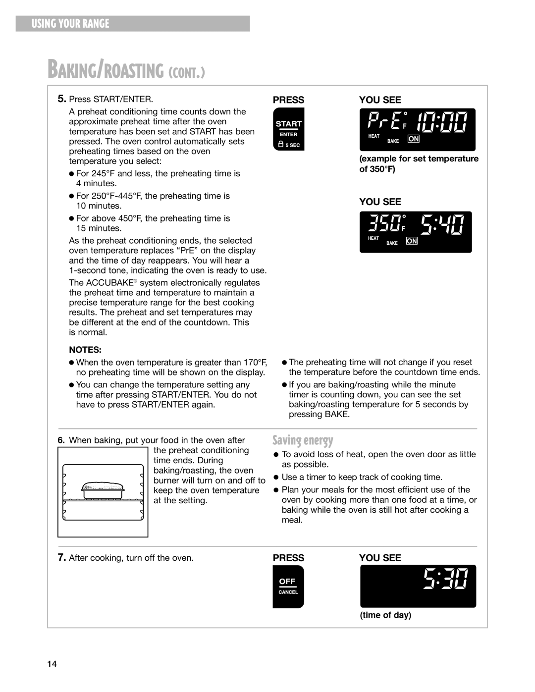 Whirlpool GS395LEG warranty Saving energy, Example for set temperature of 350F 