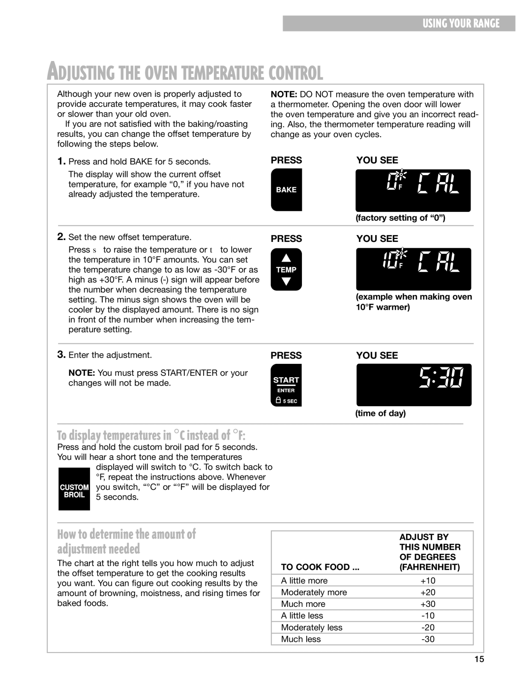 Whirlpool GS395LEG To display temperatures in C instead of F, Adjust by, This Number, Degrees, To Cook Food Fahrenheit 