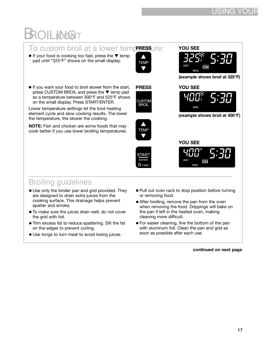 Whirlpool GS395LEG warranty Broiling guidelines, Example shows broil at 325F 