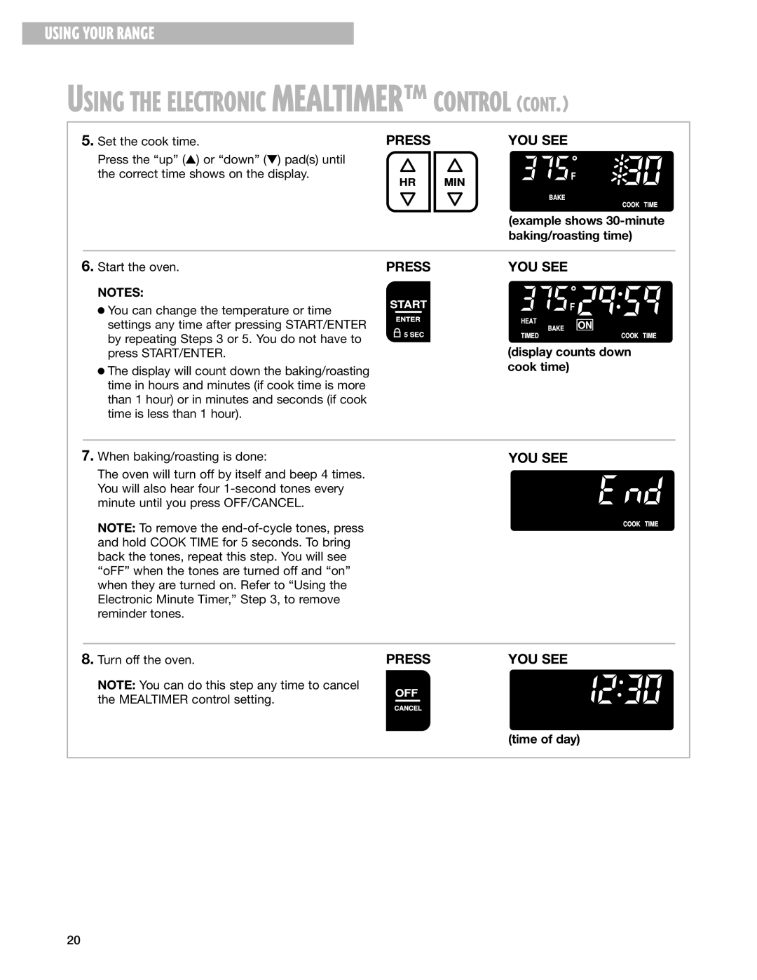 Whirlpool GS395LEG warranty Using the Electronic MEALTIMERª Control, Example shows 30-minute baking/roasting time 