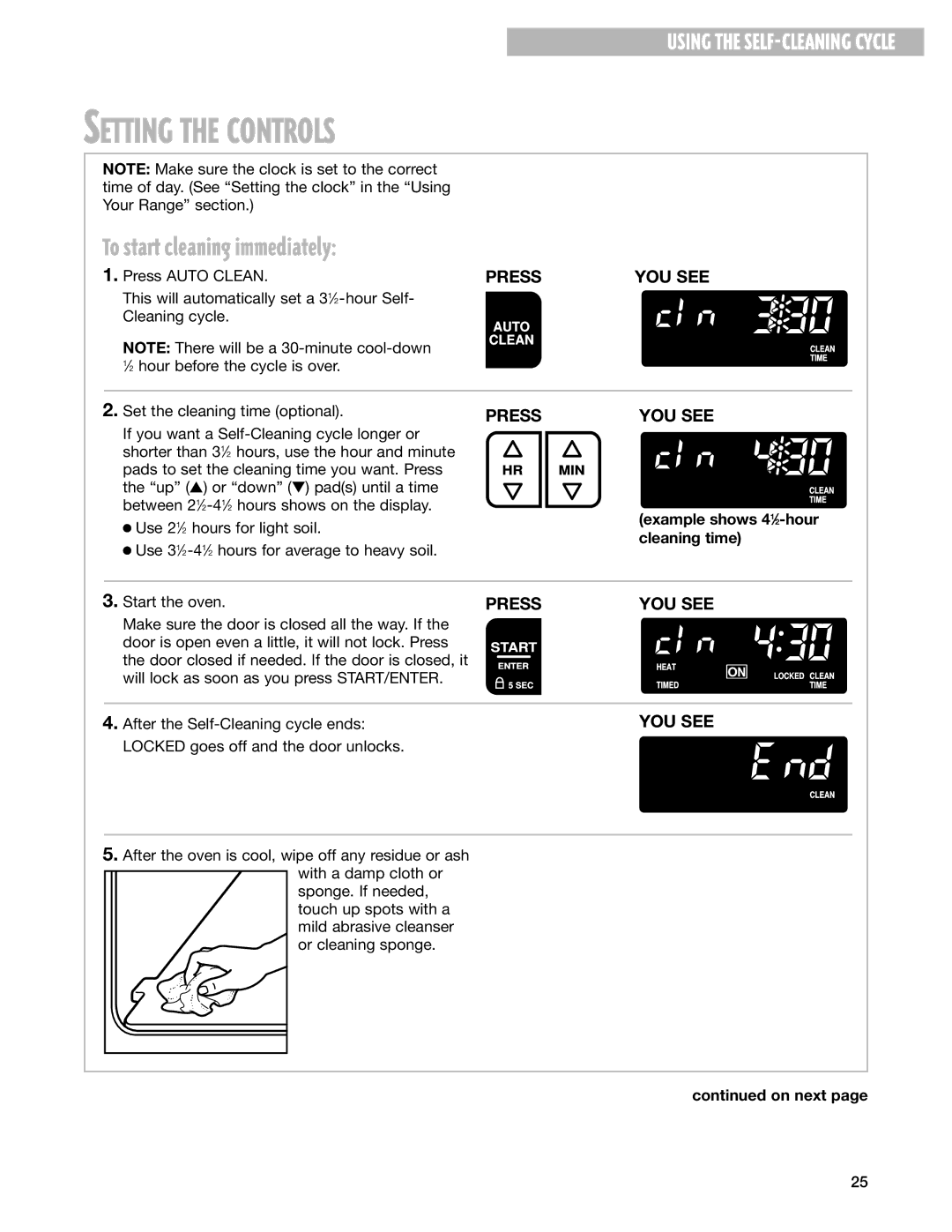 Whirlpool GS395LEG warranty Setting the Controls, To start cleaning immediately, Example shows 41⁄2-hour cleaning time 