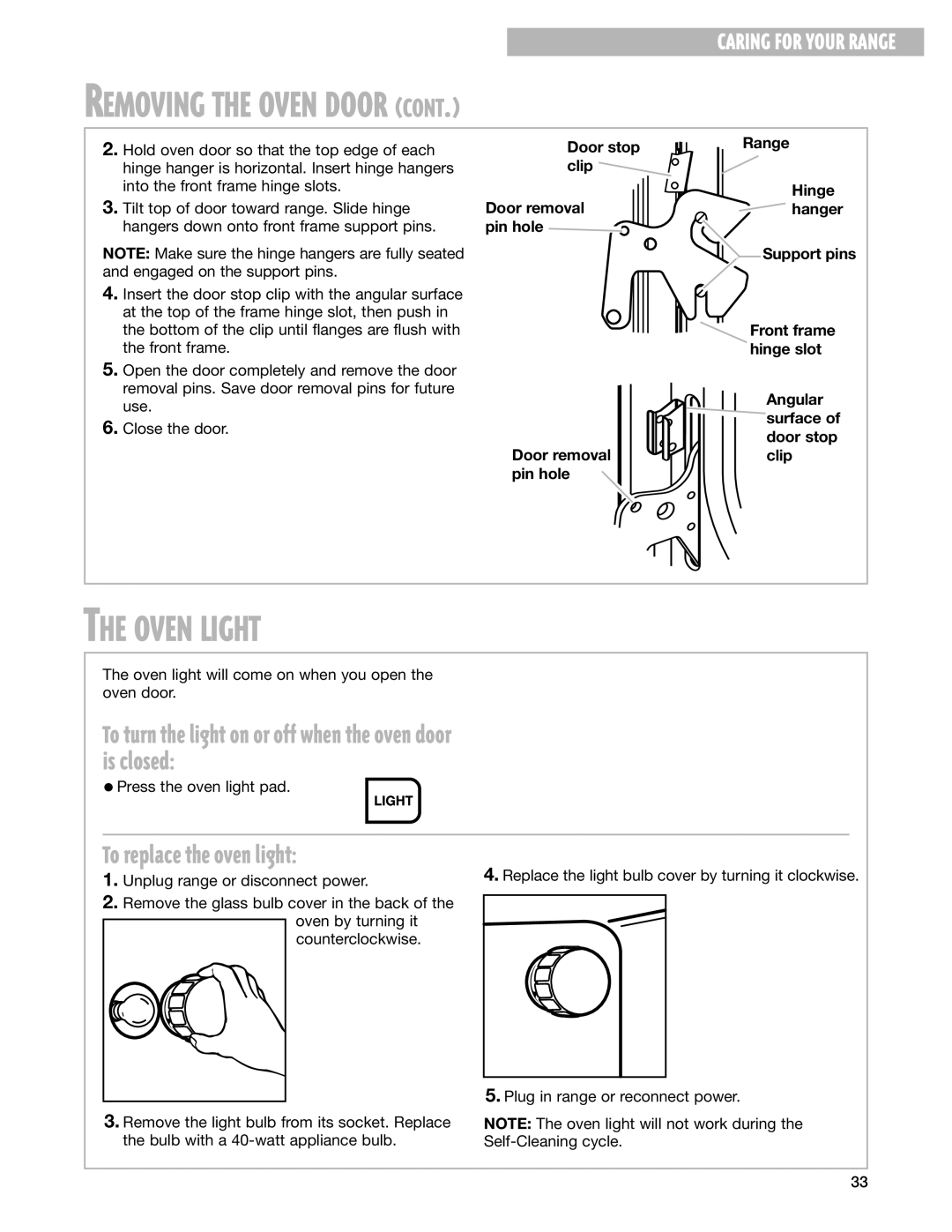 Whirlpool GS395LEG warranty Oven Light, To replace the oven light 