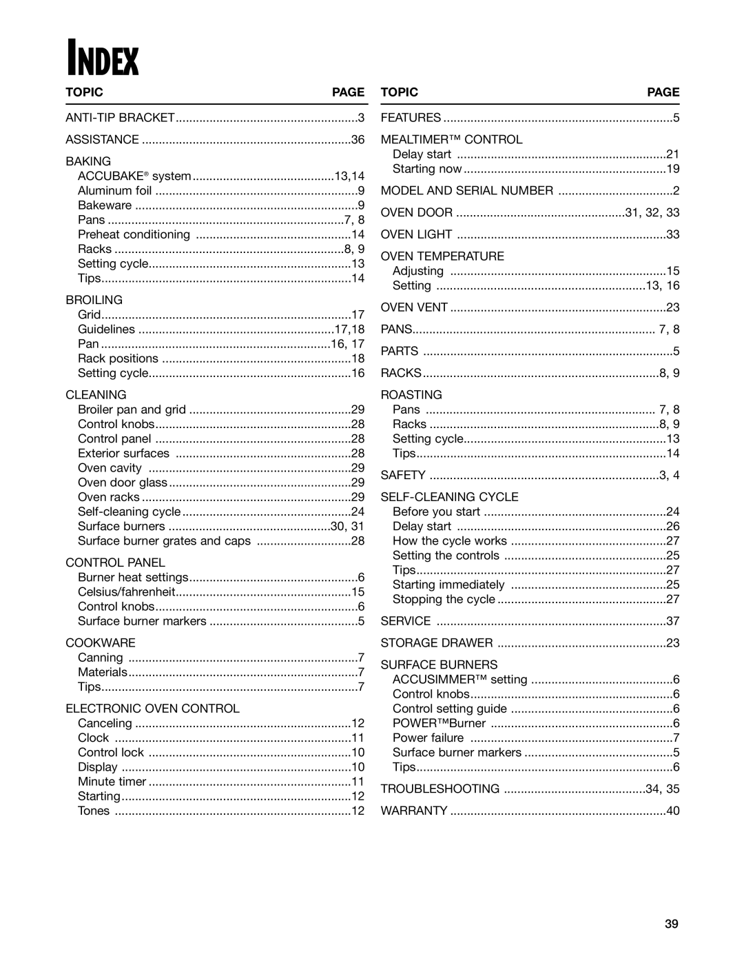 Whirlpool GS395LEG warranty Index, Topic 