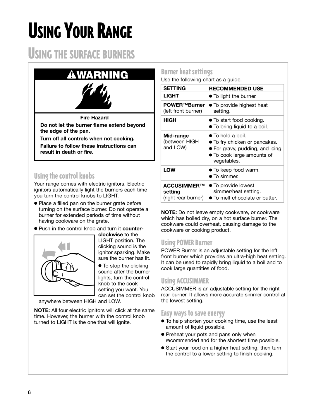 Whirlpool GS395LEG warranty Using the Surface Burners 