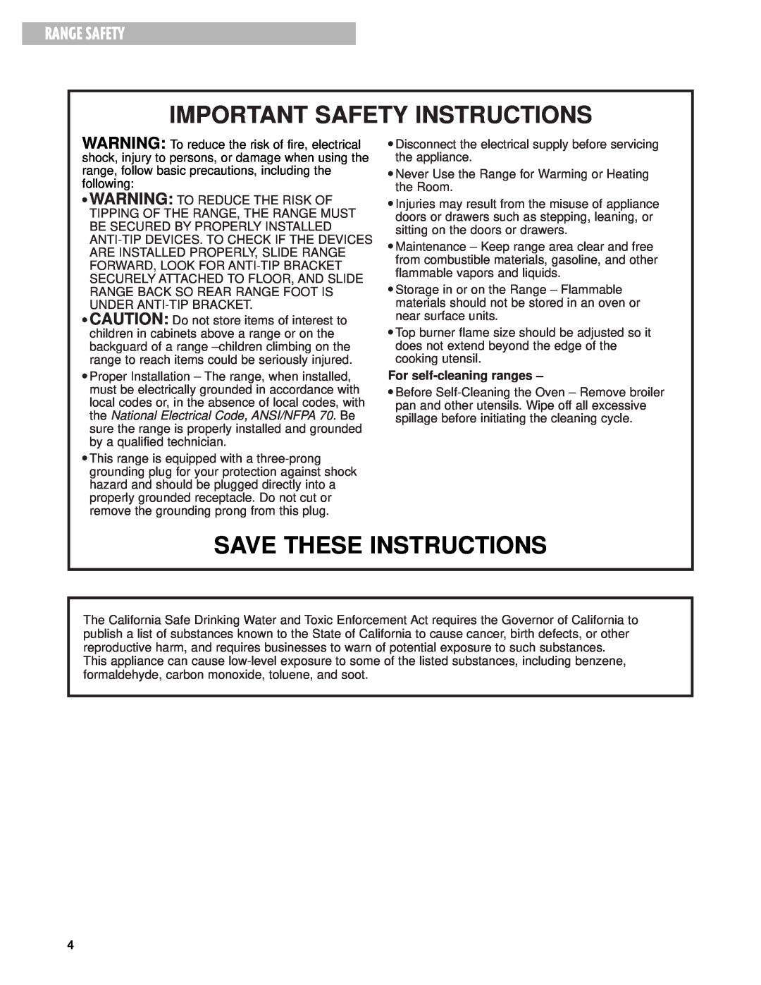 Whirlpool GS395LEG warranty Range Safety, Important Safety Instructions, Save These Instructions 