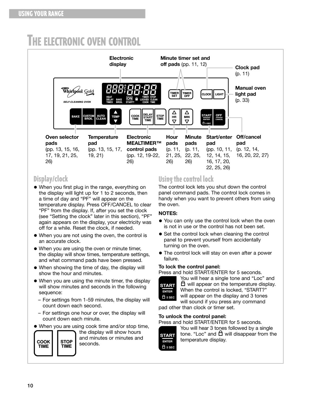 Whirlpool GS395LEH warranty Electronic Oven Control, Display/clock, Using the control lock, Mealtimer 