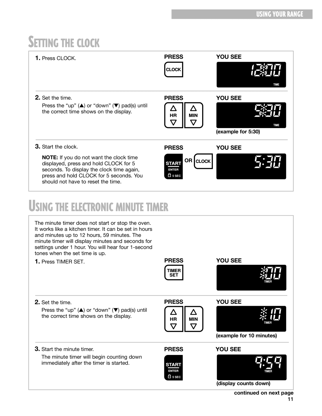 Whirlpool GS395LEH warranty Setting the Clock, Using the Electronic Minute Timer 