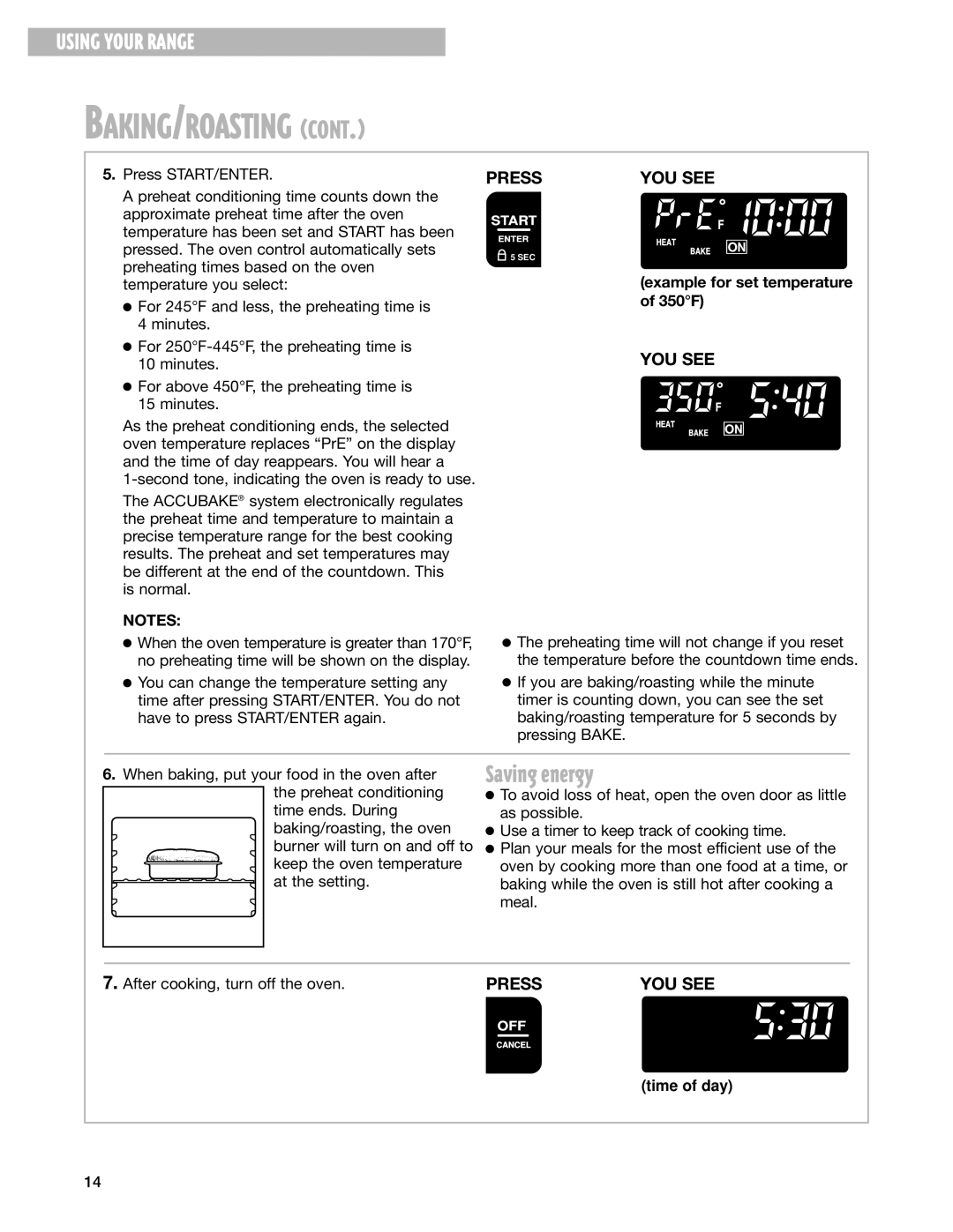 Whirlpool GS395LEH warranty Saving energy, Example for set temperature of 350F 