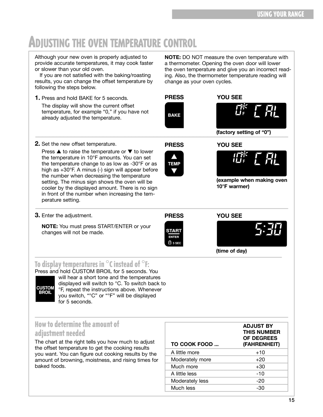 Whirlpool GS395LEH To display temperatures in C instead of F, Adjust by, This Number, Degrees, To Cook Food Fahrenheit 