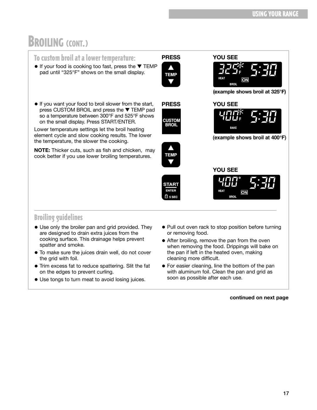 Whirlpool GS395LEH warranty Broiling guidelines, Example shows broil at 325F 