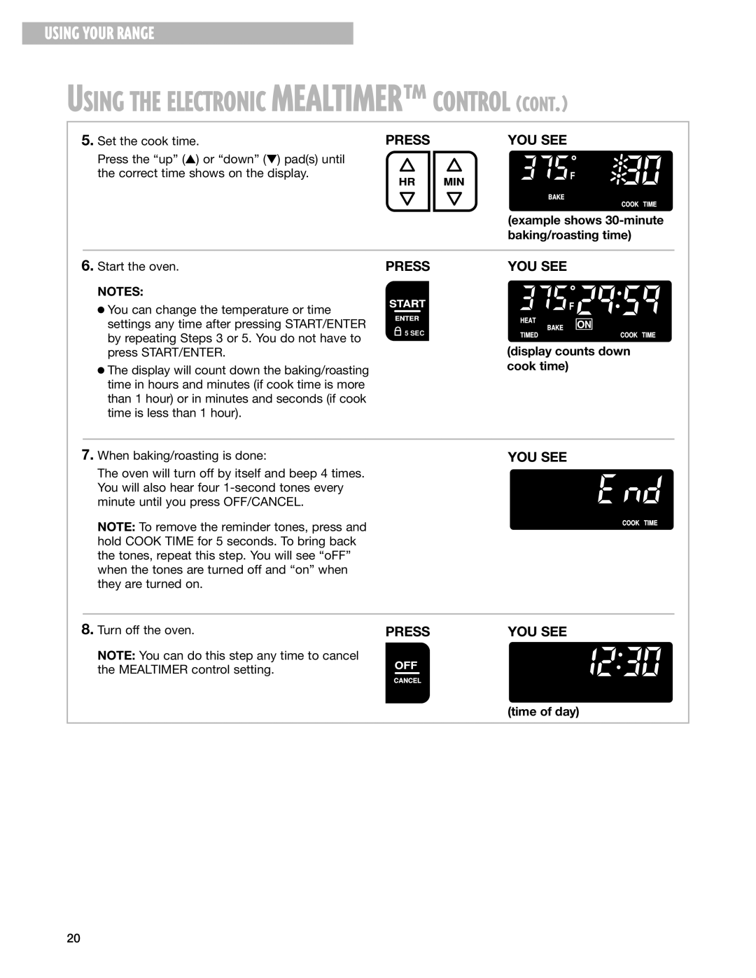 Whirlpool GS395LEH warranty Using the Electronic MEALTIMERª Control, Example shows 30-minute baking/roasting time 