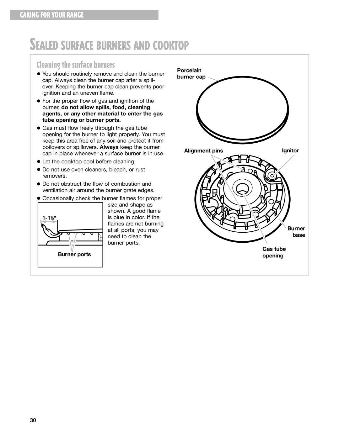 Whirlpool GS395LEH warranty Cleaning the surface burners, Burner ports Porcelain burner cap Alignment pins 