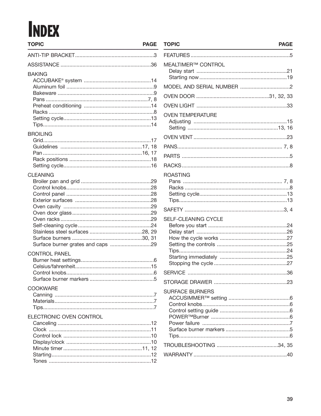 Whirlpool GS395LEH warranty Index, Topic 