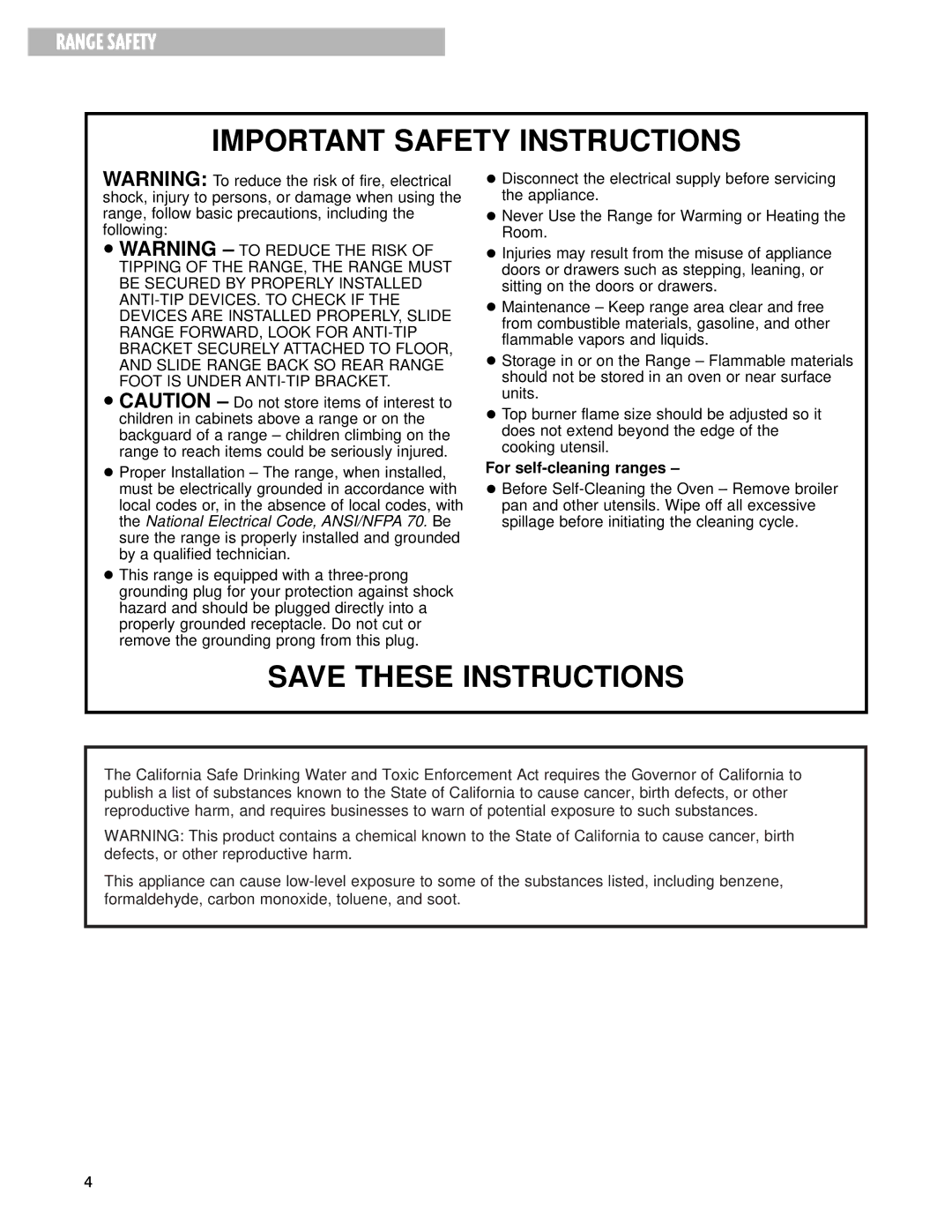 Whirlpool GS395LEH warranty Important Safety Instructions 