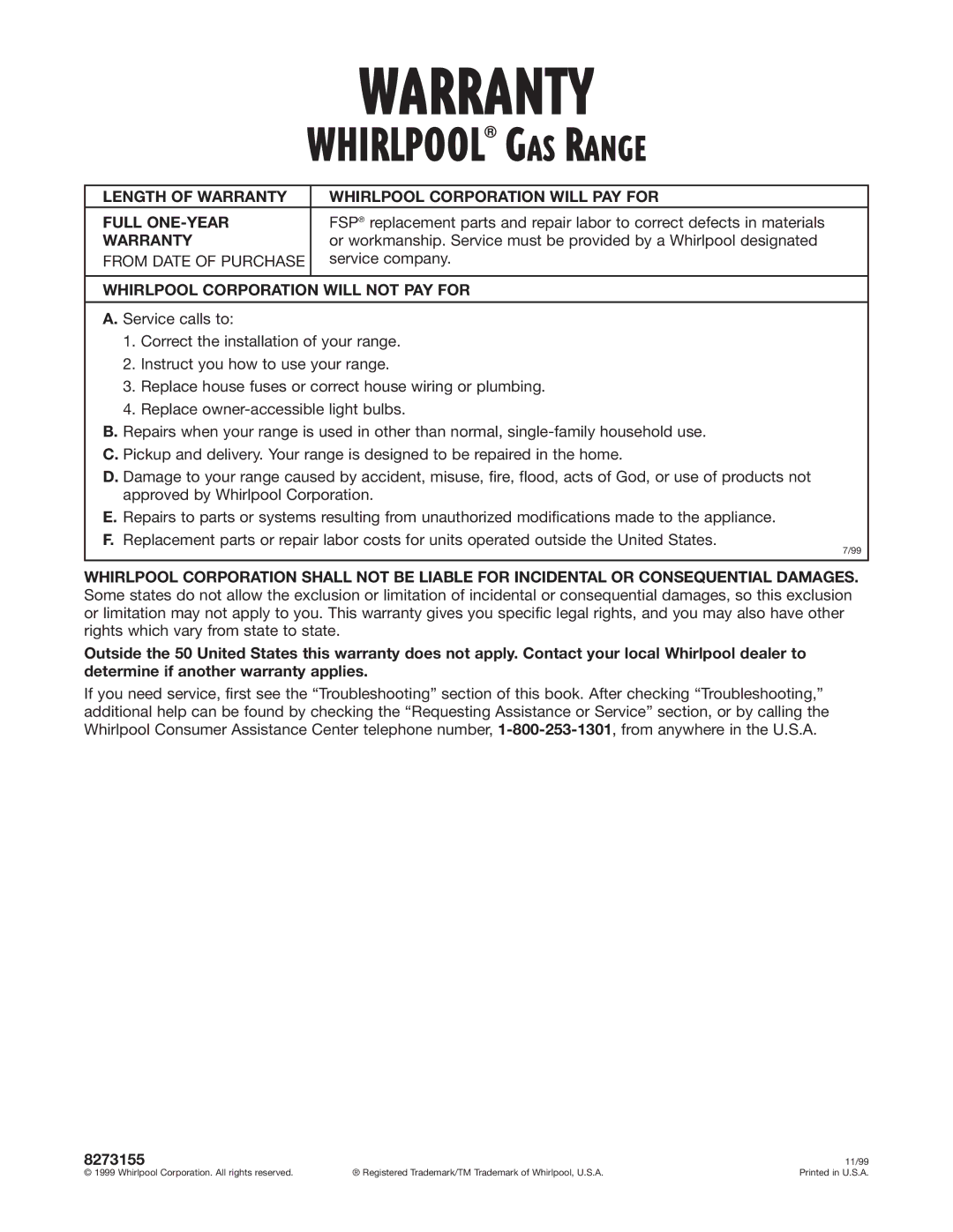 Whirlpool GS395LEH warranty Warranty, From Date of Purchase, Service company, Whirlpool Corporation will not PAY for 