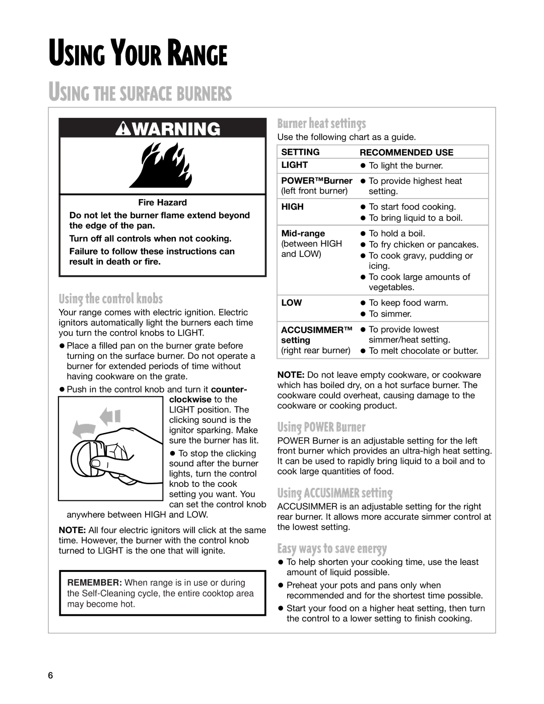 Whirlpool GS395LEH warranty Using Your Range, Using the Surface Burners 