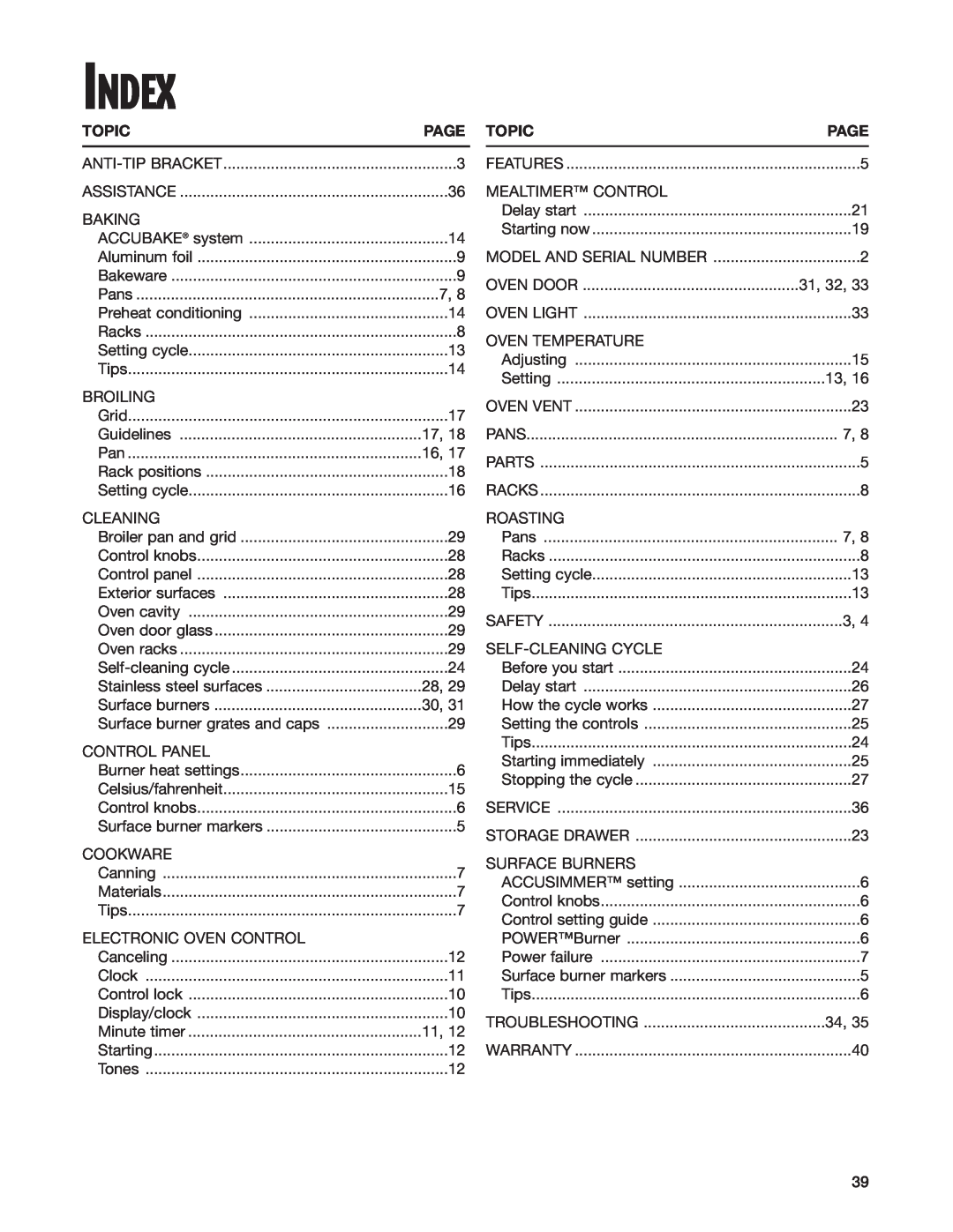 Whirlpool GS395LEH warranty Index, Topic, Page 
