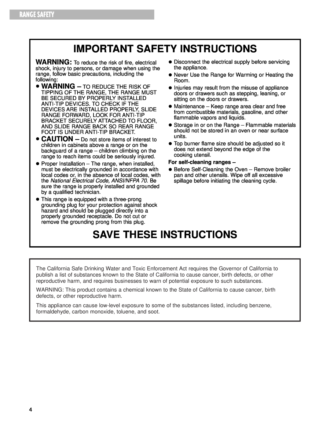 Whirlpool GS395LEH warranty Range Safety, Important Safety Instructions, Save These Instructions 