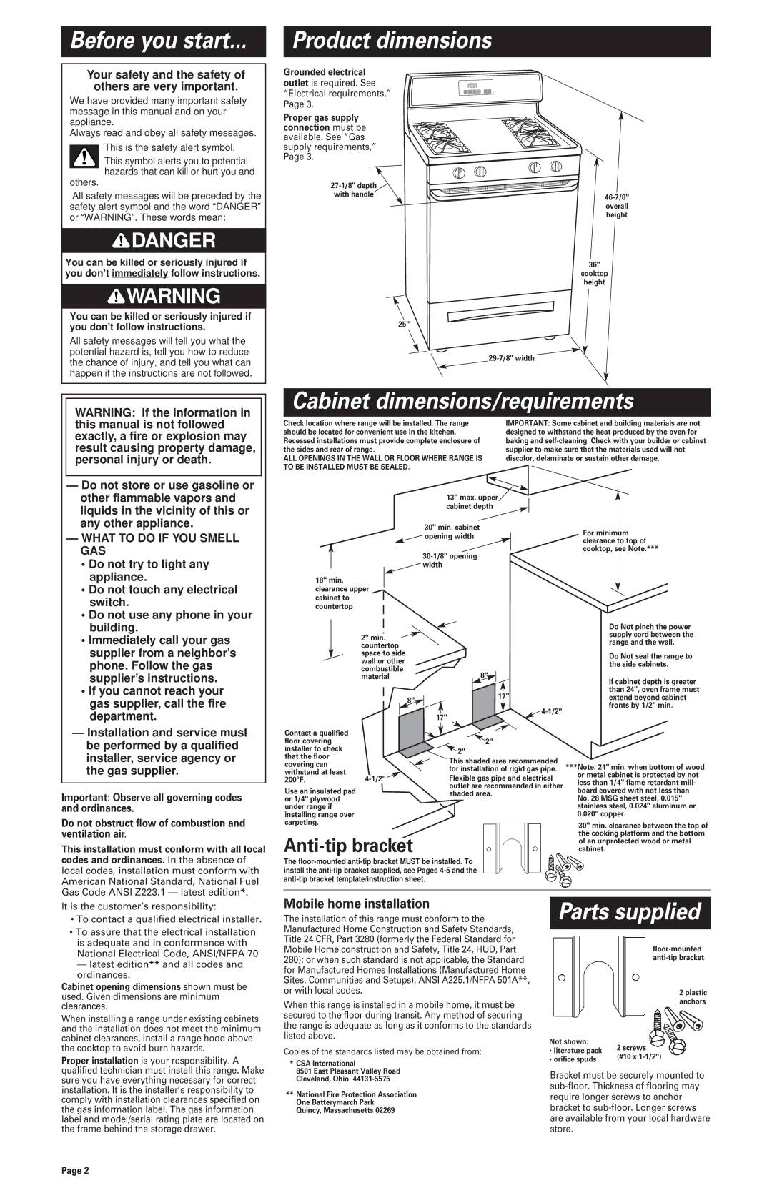 Whirlpool GS440LELB0 Product dimensions, Cabinet dimensions/requirements, Parts supplied, Anti-tip bracket 