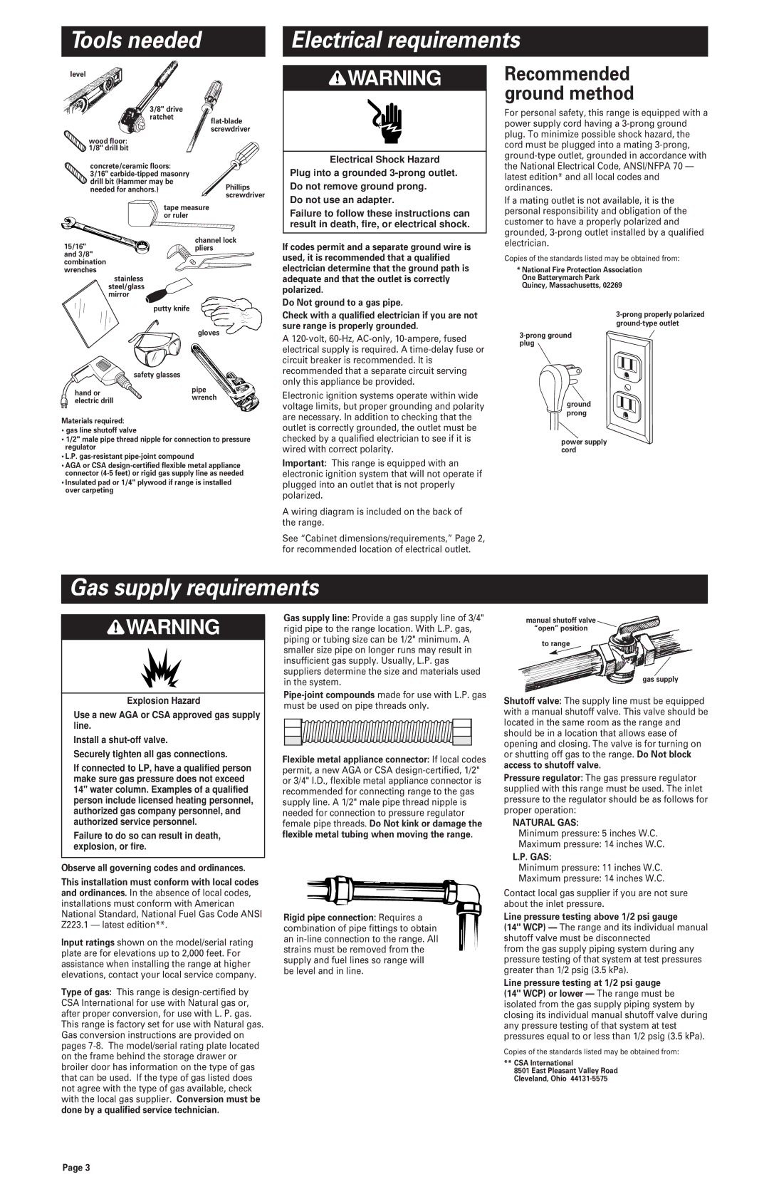 Whirlpool GS440LELB0 installation instructions Tools needed Electrical requirements, Gas supply requirements, Natural GAS 