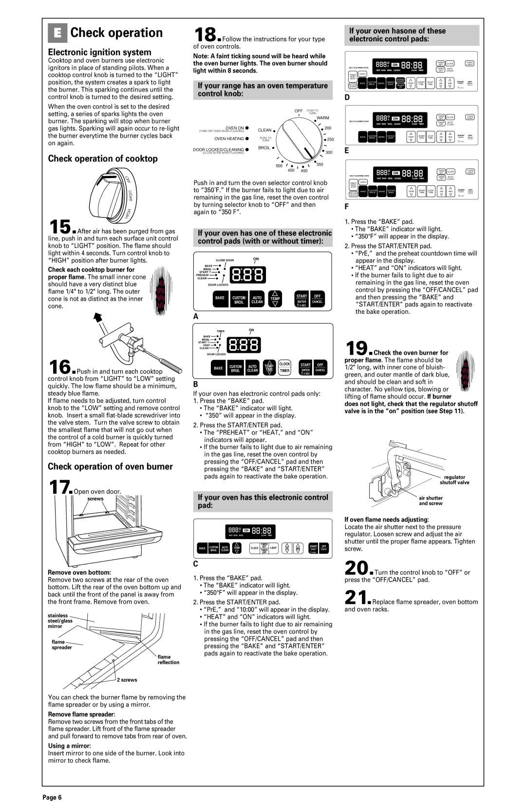 Whirlpool GS440LELB0 Electronic ignition system, Check operation of cooktop, Check operation of oven burner 