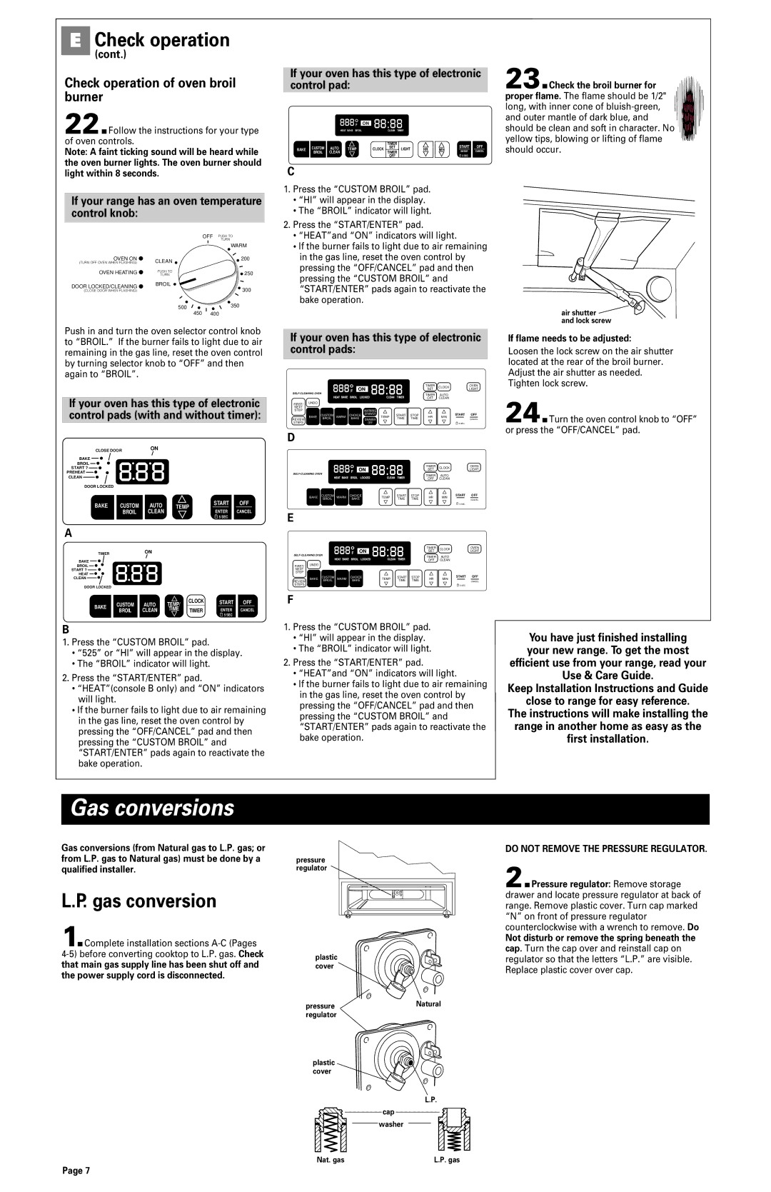 Whirlpool GS440LELB0 Gas conversions, Check operation of oven broil burner, If flame needs to be adjusted 