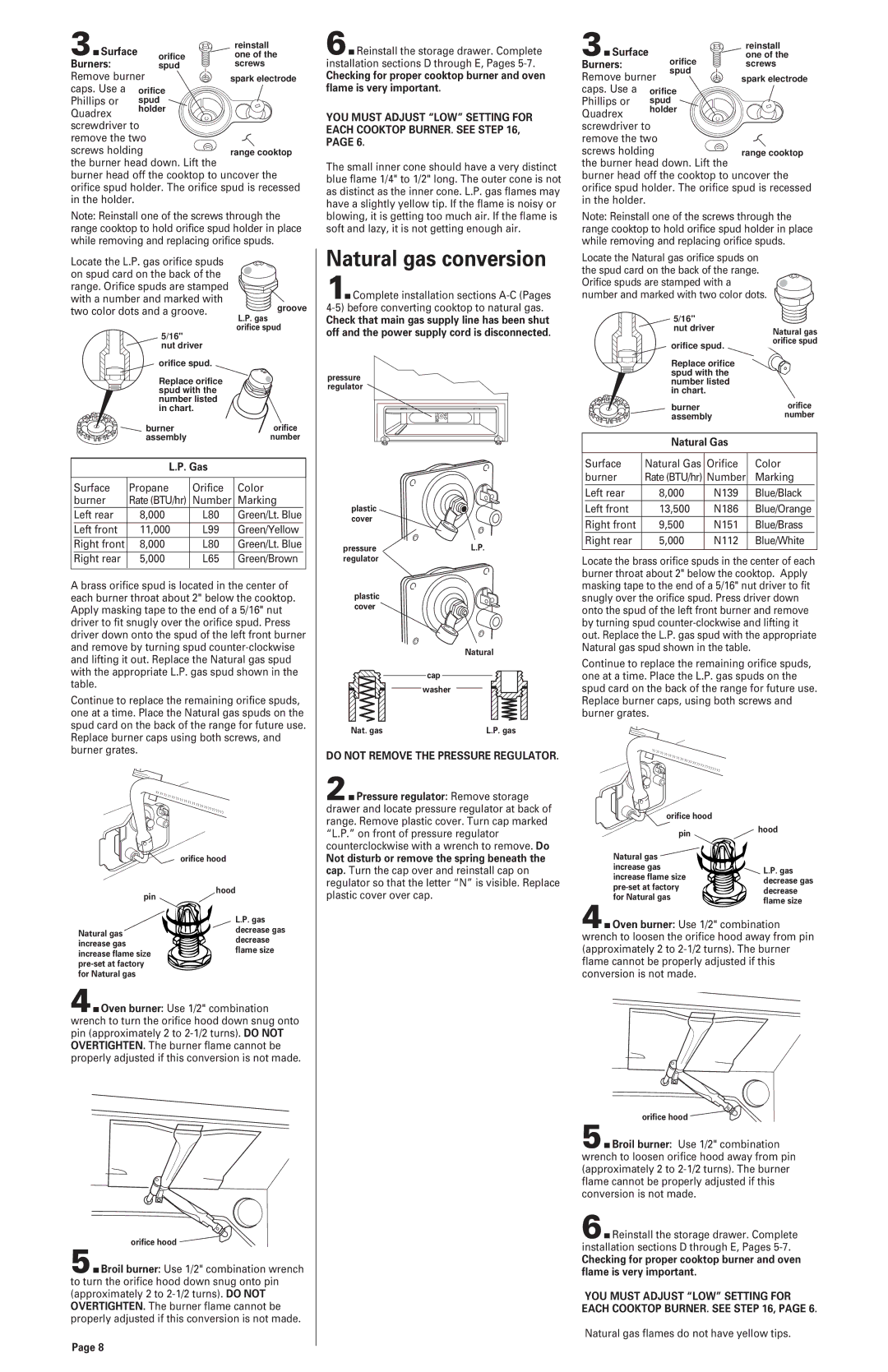 Whirlpool GS440LELB0 installation instructions YOU Must Adjust LOW Setting for Each Cooktop BURNER. see 