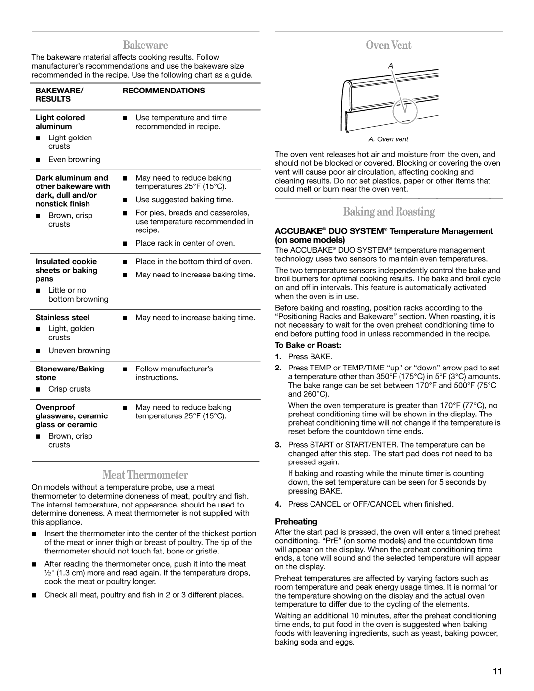 Whirlpool GS440LEMB5 manual Bakeware, Oven Vent, BakingandRoasting, MeatThermometer 