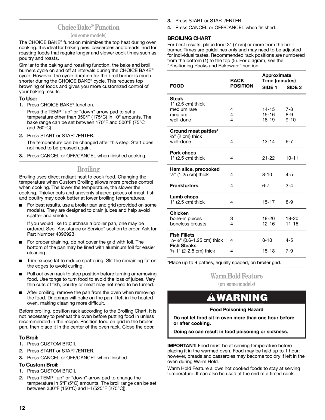 Whirlpool GS440LEMB5 manual ChoiceBake Function, WarmHoldFeature, Broiling Chart 