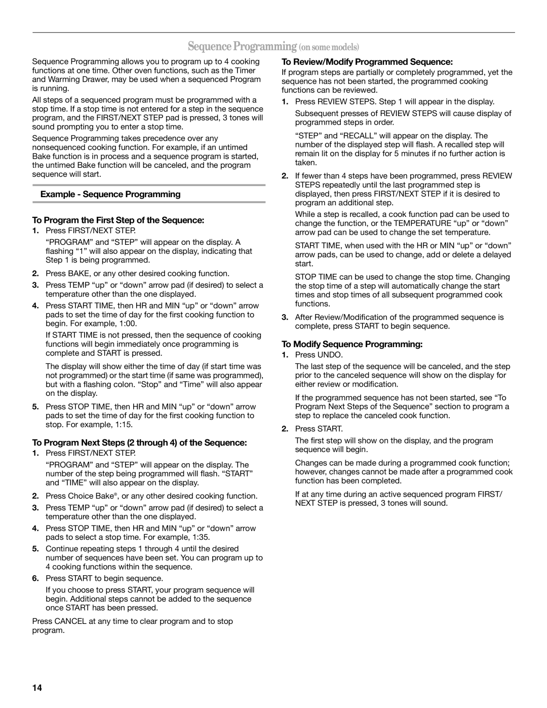 Whirlpool GS440LEMB5 manual SequenceProgrammingonsomemodels, To Program Next Steps 2 through 4 of the Sequence 