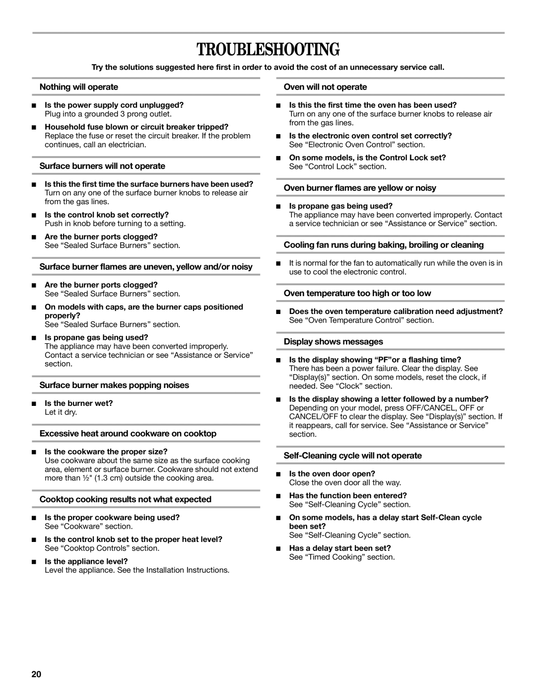 Whirlpool GS440LEMB5 manual Troubleshooting 