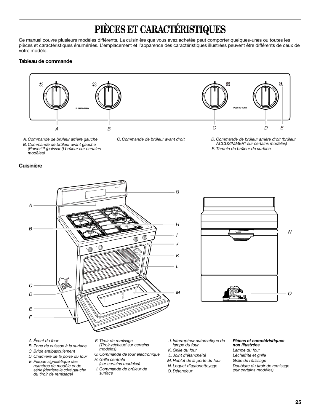 Whirlpool GS440LEMB5 manual Pièces ET Caractéristiques, Tableau de commande, Cuisinière 