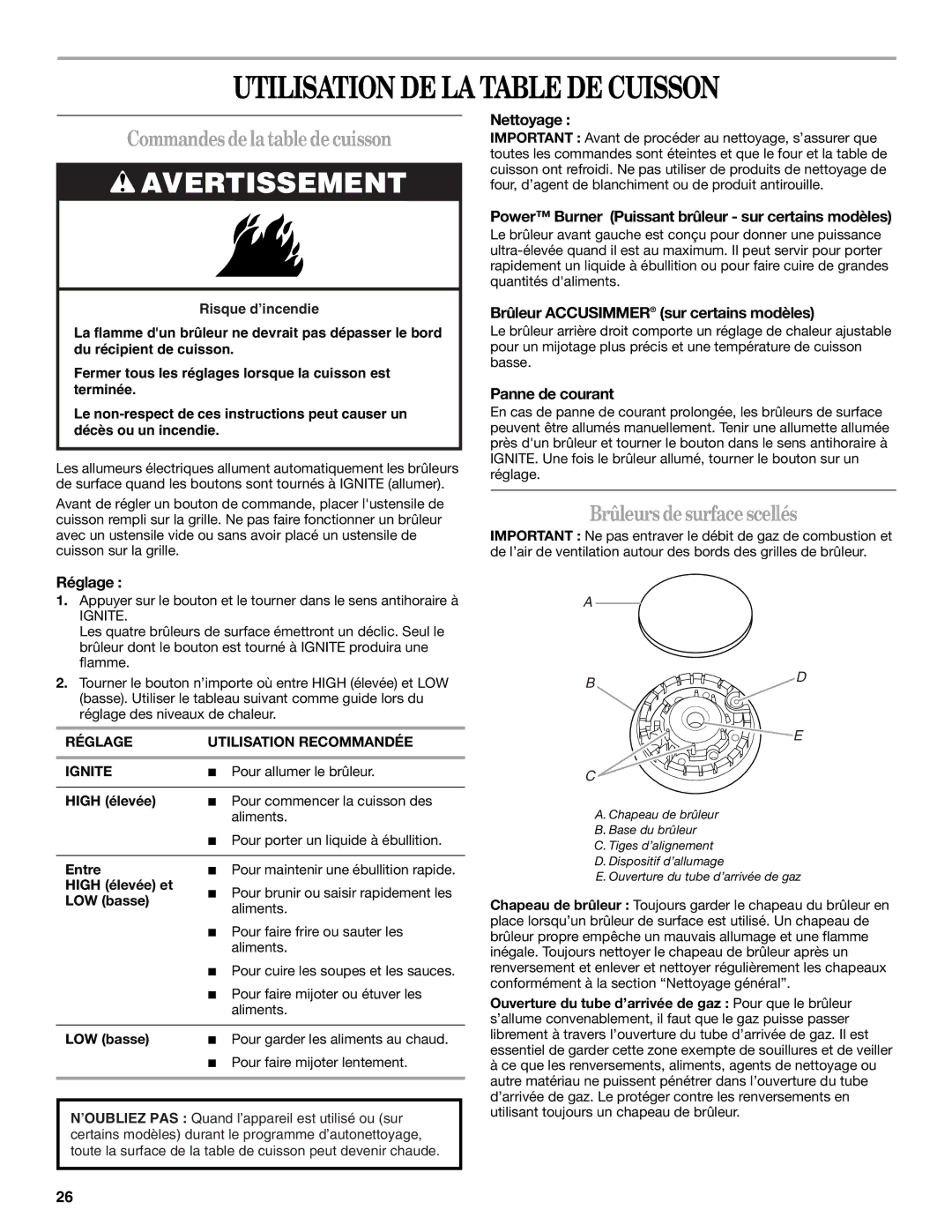 Whirlpool GS440LEMB5 manual Utilisation DE LA Table DE Cuisson, Commandesdelatabledecuisson, Brûleurs desurfacescellés 